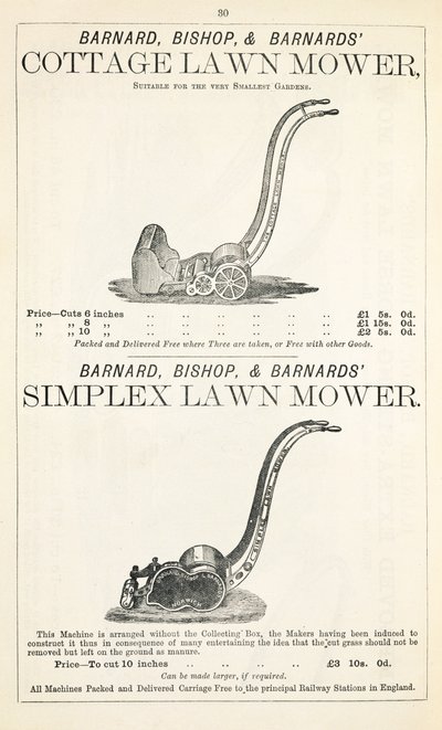 Een huisje en Simplex grasmaaier, illustratie uit een tuincatalogus, gepubliceerd door Barnard Bishop & Barnard, 1878 door English School