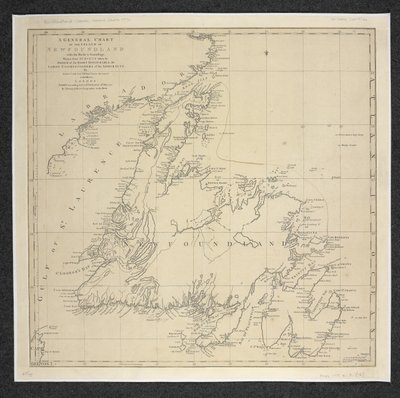 Algemene kaart van het eiland Newfoundland met de rotsen en dieptes, getekend uit onderzoeken door James Cook en Michael Lane door English School