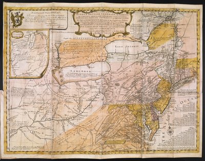 Een algemene kaart van de Midden-Britse koloniën in Amerika; namelijk Virginia, Maryland, Delaware, Pennsylvania, New Jersey, New York, Connecticut en Rhode Island: van Aquanishuonîgy, het land van de Geconfedereerde Indianen... Van de meren Erie, Ontario door English School