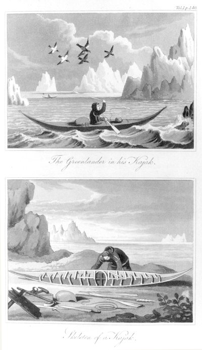 Een Groenlander en zijn kajak, uit Geschiedenis van Groenland door David Crantz, 1820 door English School
