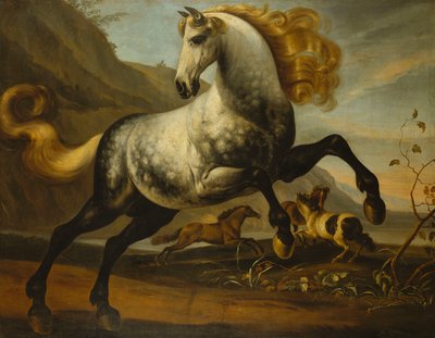 Een Grijze Pronkende Hengst met Golvende Manen met Hengsten die Vechten in een Rotsachtig Landschap door English School