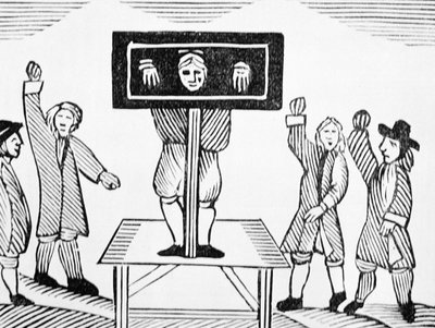 Een Schuldige Man in de Dorpsschandpaal, kopie van een 16e-eeuwse illustratie, uit een verzameling chapbooks over esoterica door English School