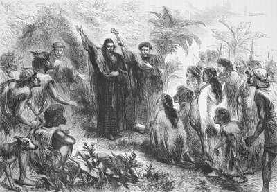 Een jezuïetenmissionaris predikt aan een stam indianen, illustratie uit De Geschiedenis van het Protestantisme door James Aitken Wylie, gepubliceerd in 1878 door English School