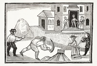 Een Man die Gras maait met een Zeis, die alles voor zich uit nam, illustratie uit Chap-books van de Achttiende Eeuw door John Ashton, uitgegeven 1882 door English School
