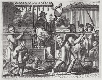 Een Mandarijn in een Draagstoel, illustratie uit een beschrijving van Ambassades naar China, 1690 door English School