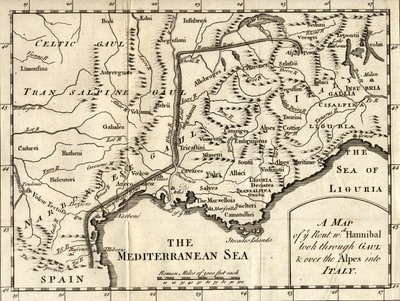 Een kaart van de route die Hannibal nam door Gallië en over de Alpen naar Italië door English School