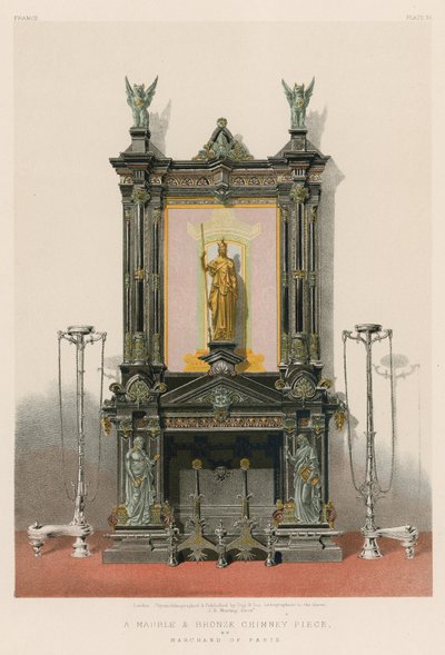 Een marmeren en bronzen schoorsteenstuk door Marchand uit Parijs (chromolitho) door English School