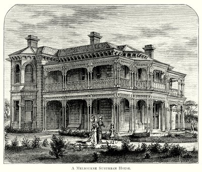 Een voorstedelijk huis in Melbourne (gravure) door English School