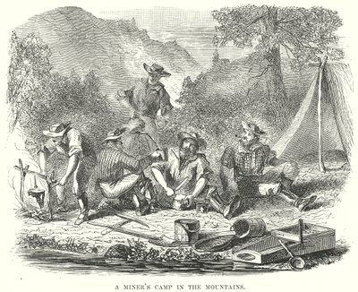 Een mijnwerkerskamp in de bergen (gravure) door English School