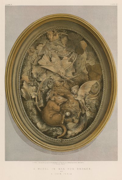 Een model in was voor brons door A Cain, Parijs (chromolitho) door English School