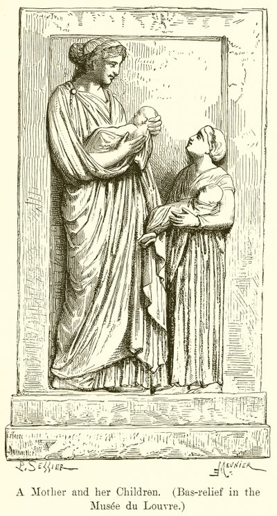 Een moeder en haar kinderen. (Bas-reliëf in het Louvre Museum) door English School