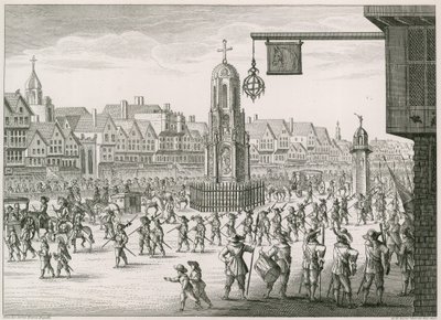 Een noordoostelijk uitzicht op Cheapside met The Cross en Conduit door English School