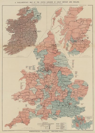 Een parlementaire kaart van het Verenigd Koninkrijk van Groot-Brittannië en Ierland (kleur litho) door English School