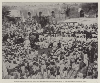 Een vredesluiting tussen de hindoeïstische en mohammedaanse bevolkingen van Patan, in de provincie Kathiawar, India (gravure) door English School