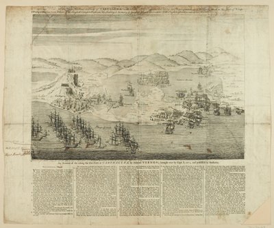 Een perspectieftekening van de stad, haven en forten van Carthagena in 1739, gepubliceerd 1741 door English School