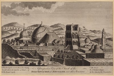 Een perspectief van de kerk van het Heilig Graf in Jeruzalem en andere structuren (gravure) door English School