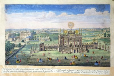Een perspectivisch uitzicht op de prachtige structuur opgericht in het Green Park voor het Koninklijk Vuurwerk, 1749 door English School