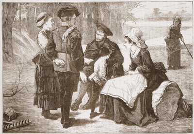 Een protestantse arbeider uit Meaux leest de Schrift voor aan zijn vrienden, illustratie uit De Geschiedenis van het Protestantisme door James Aitken Wylie, gepubliceerd in 1878 door English School