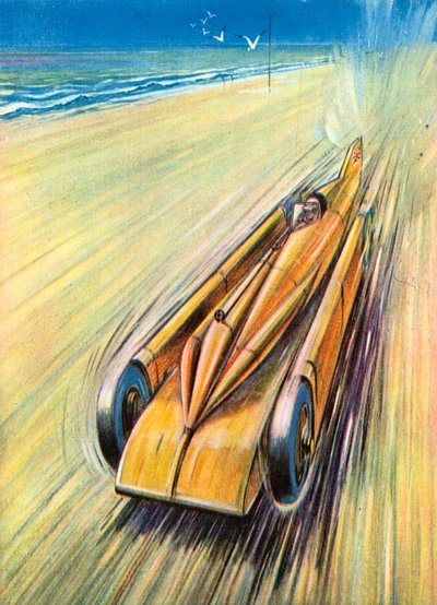 Een racewagen "All Out" (kleurenlitho) door English School