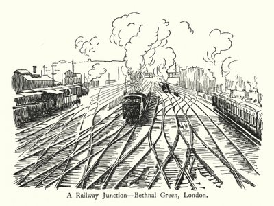 Een Spoorwegknooppunt, Bethnal Green, Londen (litho) door English School