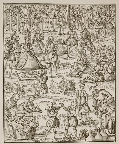 Een koninklijke picknick, plaat uit Noble Art of Venerie and Hunting door George Turberville, 1575 door English School