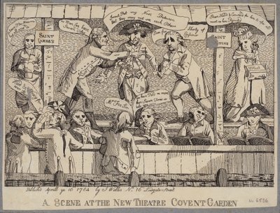 Een scène in het New Theatre, Covent Garden: satire die een politieke bijeenkomst in Covent Garden, Londen afbeeldt door English School