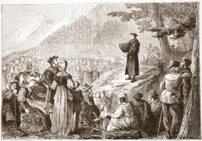 Een Zwitserse hervormer preekt voor zijn kudde in het open veld, illustratie uit De Geschiedenis van het Protestantisme door James Aitken Wylie, 1878 door English School