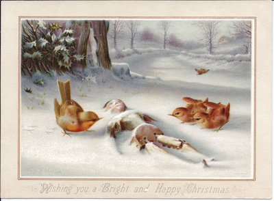 Een Victoriaanse kerstkaart van Robbins die naar een houten pop in de sneeuw kijkt, ca. 1880 (kleurenlitho) door English School