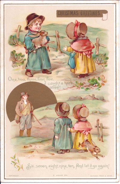 Een Victoriaanse kerstkaart van twee kinderen met een haas, ca. 1880 door English School