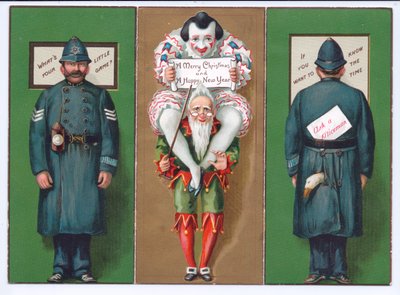 Een Victoriaanse kerstkaart met een nar, clown en politieagent door English School