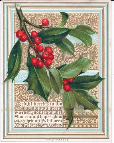 Een Victoriaanse kerstkaart met een tak van hulst die een vers bedekt. Uitgegeven door Marcus Ward, ca. 1880 door English School