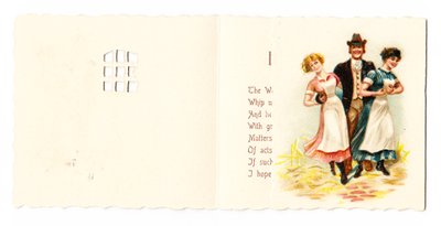Een Victoriaanse wenskaart van een heer met twee dienstmeisjes, circa 1880 door English School
