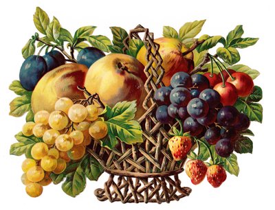 Een Victoriaans papierreliëf van een mand met fruit, ca. 1880 (kleurenlitho) door English School