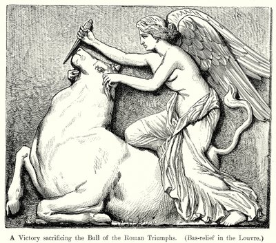 Een overwinning die de stier van de Romeinse triomfen offert. (Bas-Reliëf in het Louvre) (gravure) door English School
