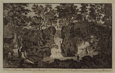 Een uitzicht in Craven, Yorkshire, van een prachtige natuurlijke waterval in Bolton Park behorend tot de wijlen graaf van Burlington (gravure) door English School