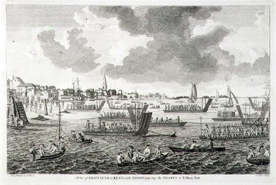 Een Uitzicht op Gravesend in Kent, met Troepen die de Theems oversteken naar Tilbury Fort door English School