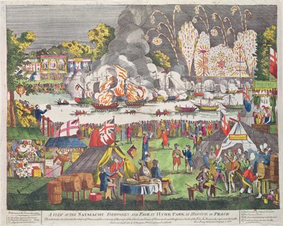 Een Uitzicht op de Naumachie, Vuurwerk en Kermis in Hyde Park ter Ere van de Vrede, gepubliceerd door G. Thompson, 1814 door English School
