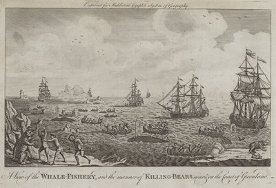 Een uitzicht op de walvisvangst en de manier van beren doden nabij en aan de kust van Groenland door English School