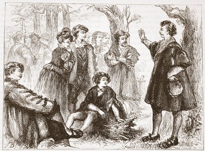 Een student uit Wittenberg preekt in de Lindeweide, illustratie uit De Geschiedenis van het Protestantisme door James Aitken Wylie, 1878 door English School
