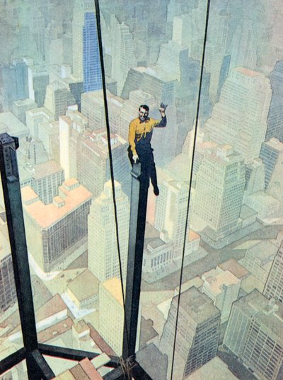 Een arbeider op een duizelingwekkende baars, hoog boven New York (kleurenlitho) door English School