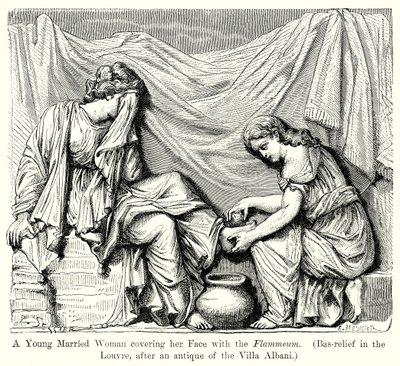 Een jonge getrouwde vrouw die haar gezicht bedekt met flammeum. (Bas-Reliëf in het Louvre ...) (gravure) door English School