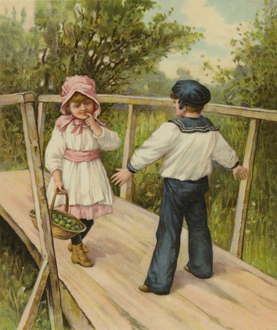 Een jongen vertelt een meisje dat ze tol moet betalen om de brug over te steken waar hij op staat door English School