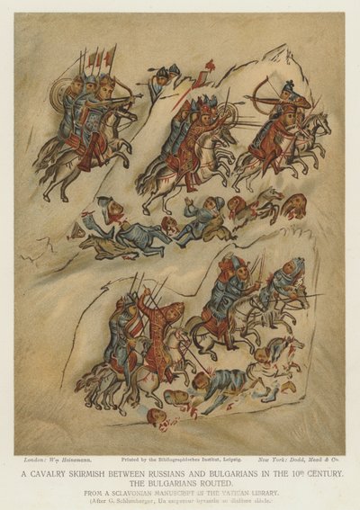 Een cavaleriegevecht tussen Russen en Bulgaren in de 10e eeuw (kleur litho) door English School