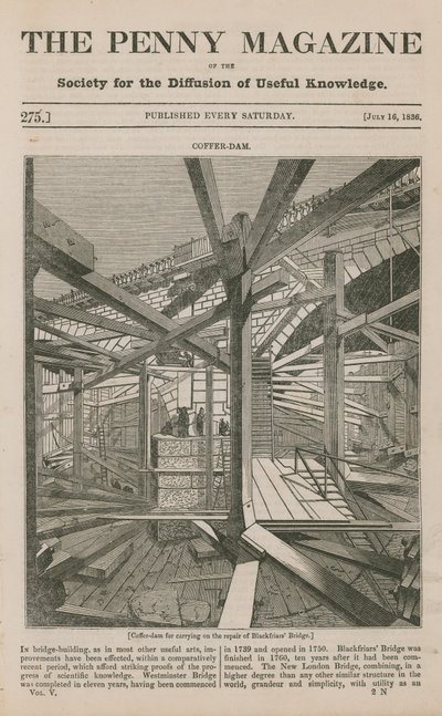 Een coffer dam voor het uitvoeren van de reparatie van Blackfriars Bridge door English School