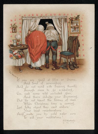 Een koppel dat bezwaar maakt tegen kerstzangers buiten hun raam, kerstkaart. door English School