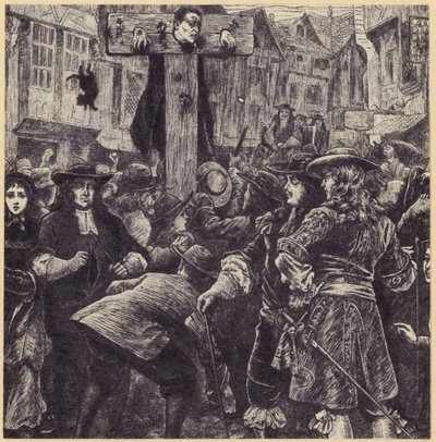 Een menigte verzameld voor een man die in de schandpaal staat door English School