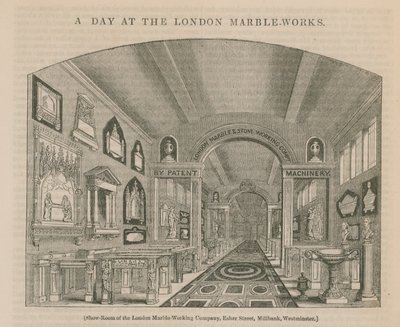 Een dag in de Londense marmerfabriek (gravure) door English School