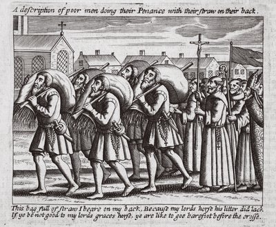 Een beschrijving van arme mannen die hun boetedoening doen met stro op hun rug, illustratie uit Handelingen en Monumenten van John Foxe, negende editie, uitgegeven 1684 door English School