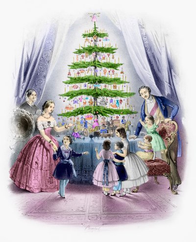 Een familie rond een kerstboom door English School