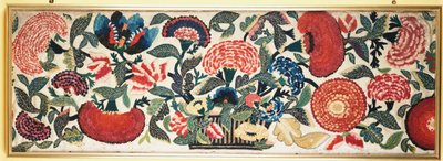 Een vilt- en applicatiepaneel met geborduurde zijden accenten die anjers, tulpen en andere bloemen uit een mand tegen een ivoorkleurige wollen achtergrond uitbeelden, c.1730-40 door English School